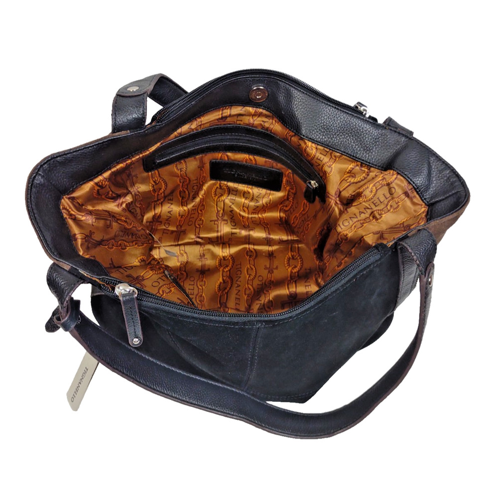 TIGNANELLO Black & Brown Suede/Leather Expandable Hobo Shoulder Bag Handbag - Picture 3 of 13